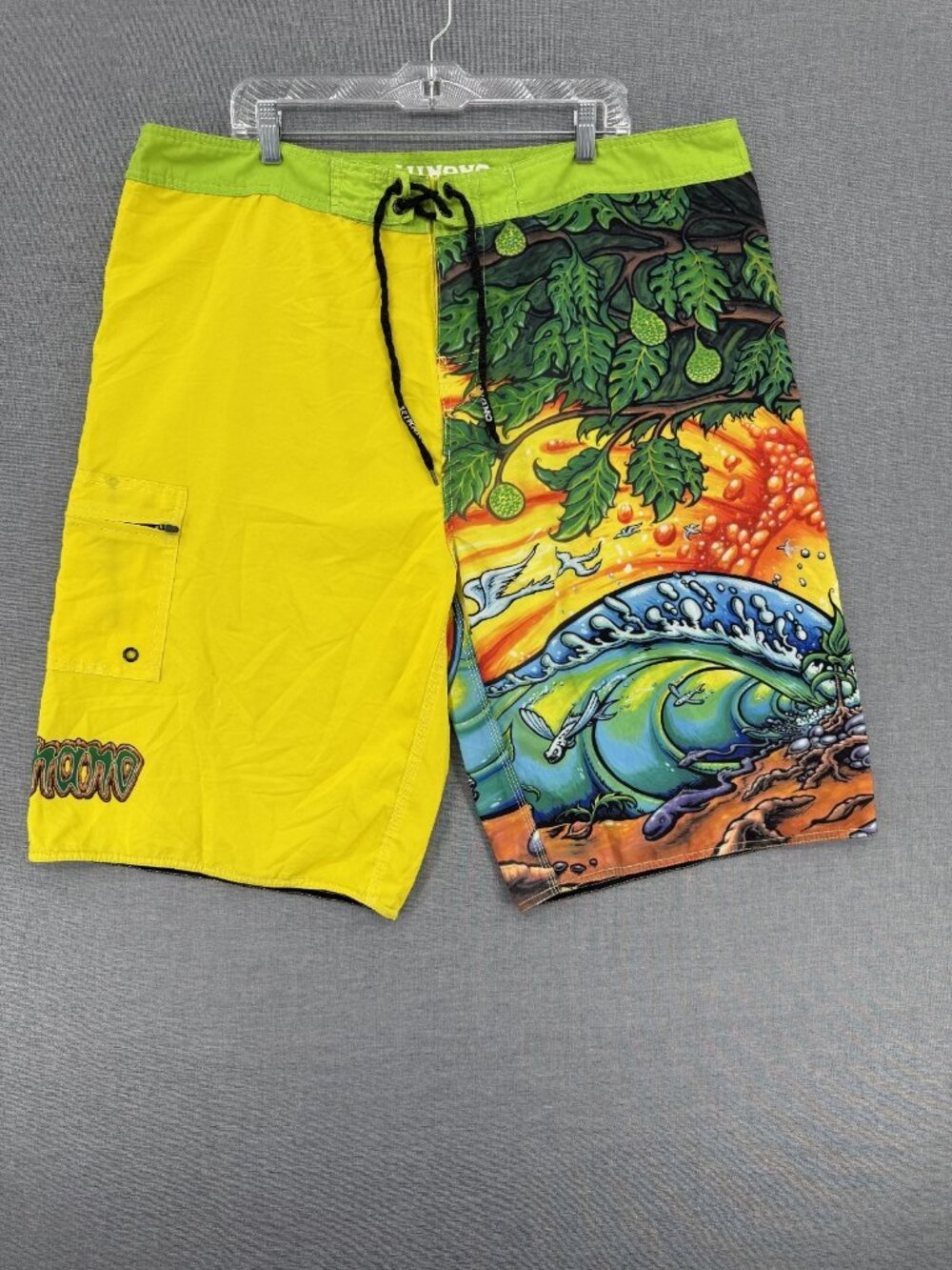 Hinano Tahiti Board Shorts Mens 42 12" Hawaii Tiki Beach Swim Trunks Grunge